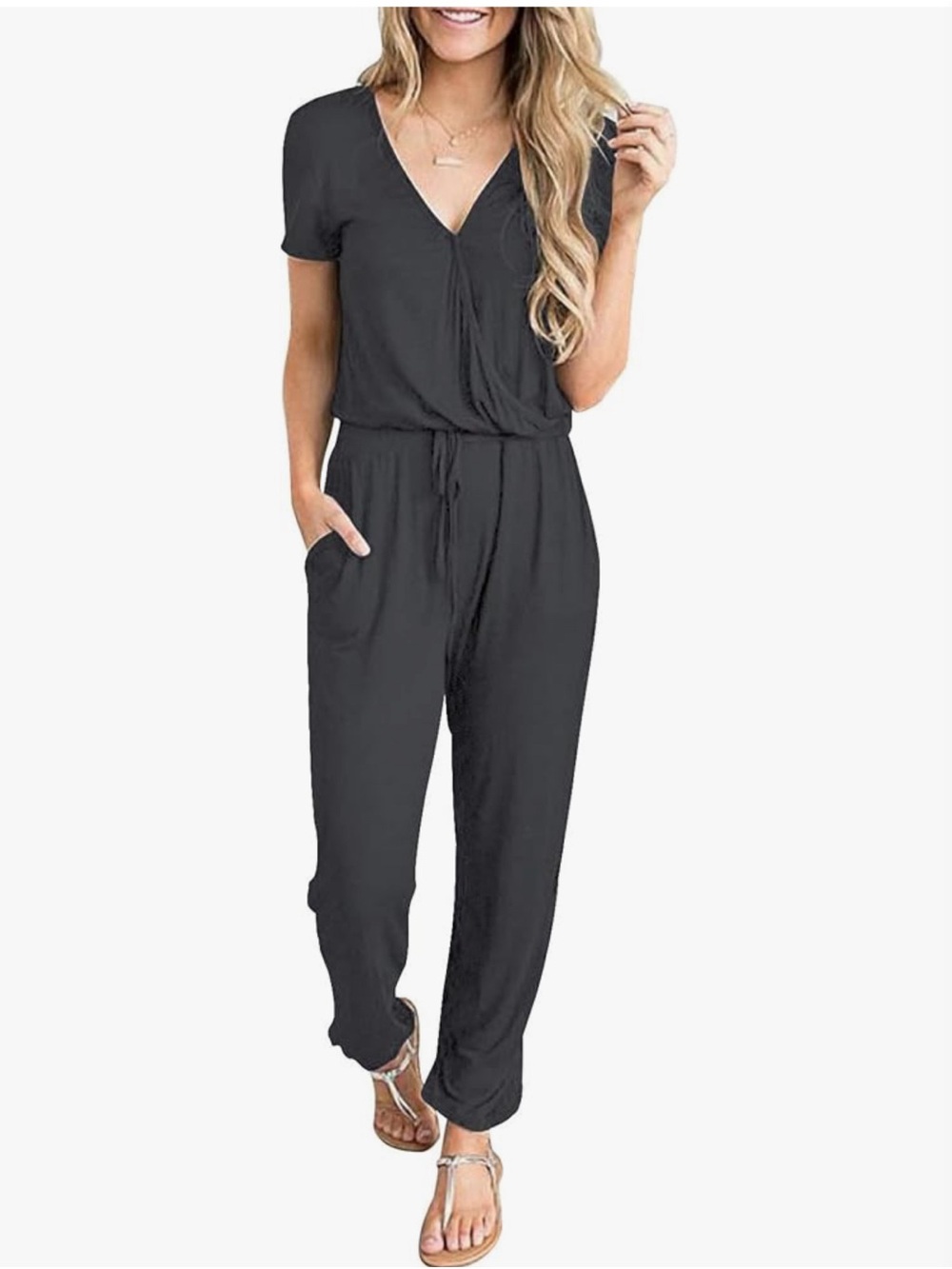 Casual Black Short-Sleeve V-Neck Jumpsuit with Drawstring Waist